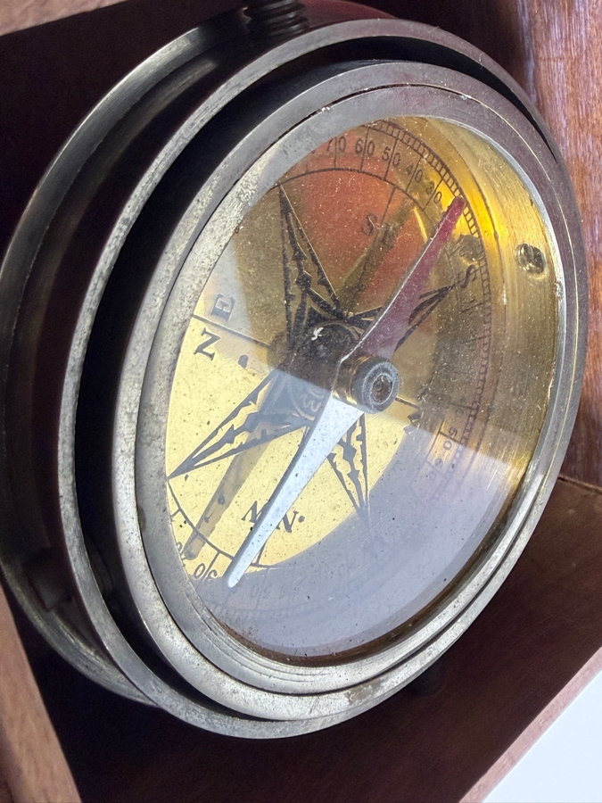 Vintage Marine Gimbaled Brass Compass In Fitted 4' Hardwood Box [Photo 3]
