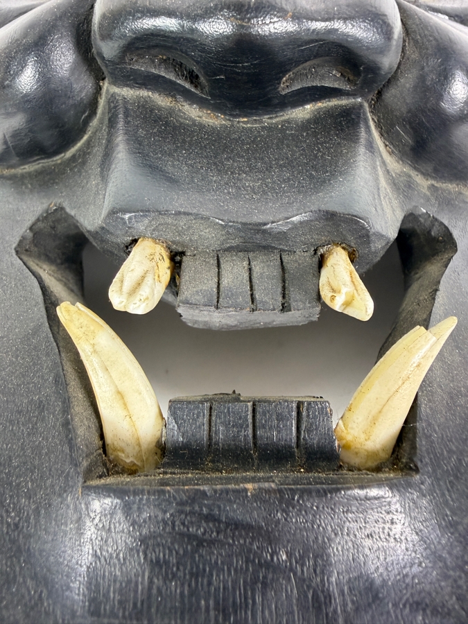 Vintage Japanese Hand Carved Ebonized Wood Hannya Demon Mask With Inset Bone Teeth And Celluloid Eyes 7'W X 10.75'H [Photo 2]