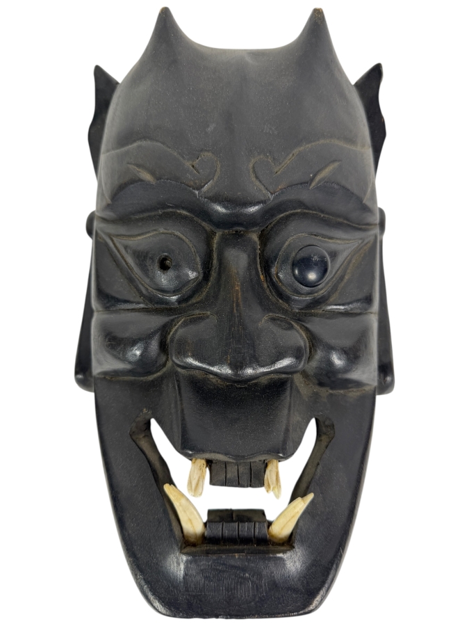 Vintage Japanese Hand Carved Ebonized Wood Hannya Demon Mask With Inset Bone Teeth And Celluloid Eyes 7'W X 10.75'H