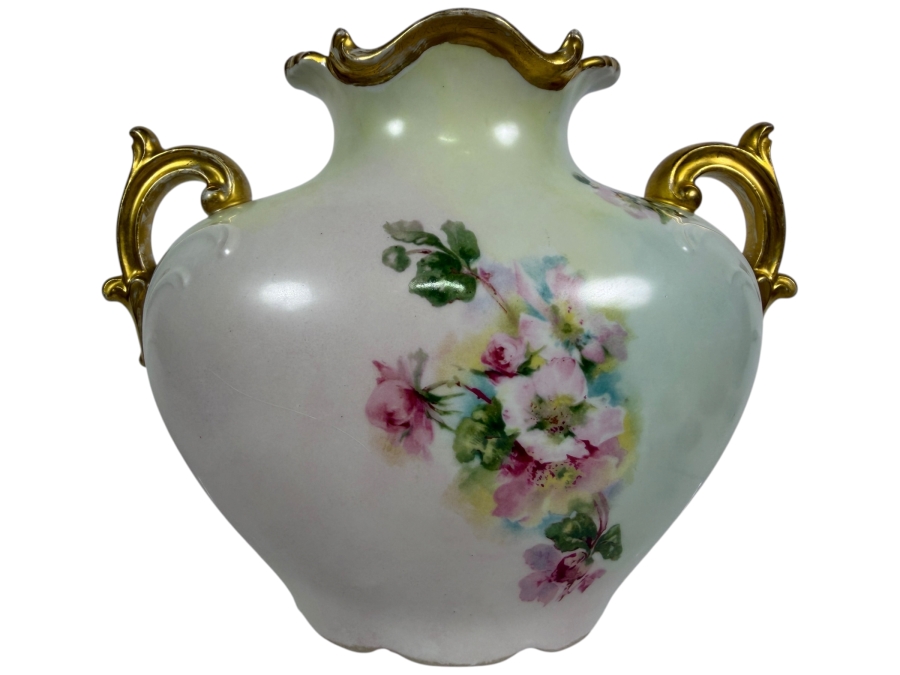 Antique Jean Pouyat Limoges French Porcelain Double Handled Floral Vase With Ruffled Gilt Rim 7'H