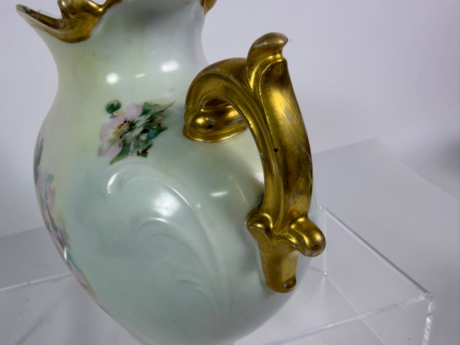 Antique Jean Pouyat Limoges French Porcelain Double Handled Floral Vase With Ruffled Gilt Rim 7'H [Photo 3]