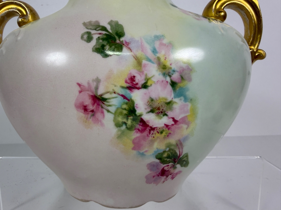 Antique Jean Pouyat Limoges French Porcelain Double Handled Floral Vase With Ruffled Gilt Rim 7'H [Photo 2]
