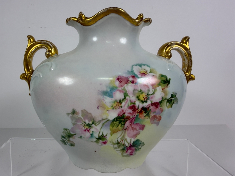 Antique Jean Pouyat Limoges French Porcelain Double Handled Floral Vase With Ruffled Gilt Rim 7'H [Photo 4]
