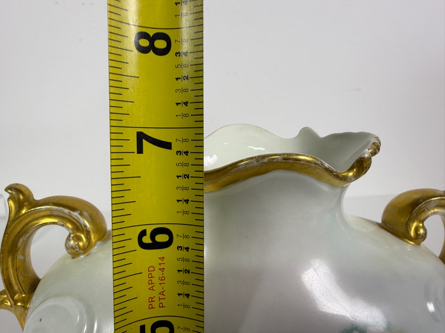 Antique Jean Pouyat Limoges French Porcelain Double Handled Floral Vase With Ruffled Gilt Rim 7'H [Photo 7]