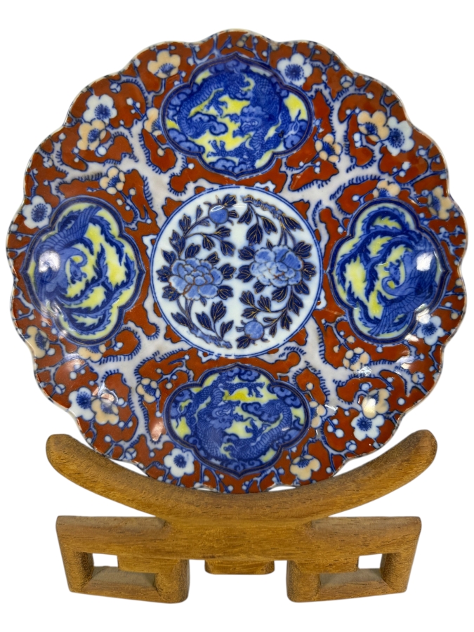 Stunning Vintage Japanese Imari Porcelain Fluted Plate Featuring a Dragon Motif Signed With Wooden Stand 8.5'W