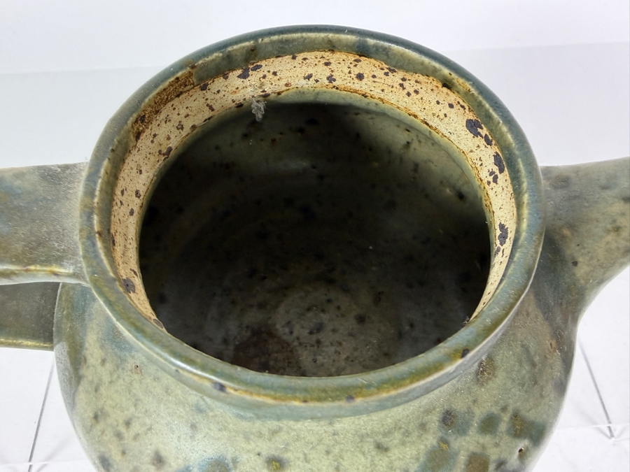 Vintage Mid Century Modern Studio Pottery Stoneware Teapot With Speckled Olive Green Ash Glaze 9'W X 4.25'H [Photo 8]