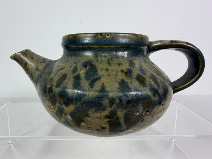 Vintage Mid Century Modern Studio Pottery Stoneware Teapot With Speckled Olive Green Ash Glaze 9'W X 4.25'H [Photo 2]