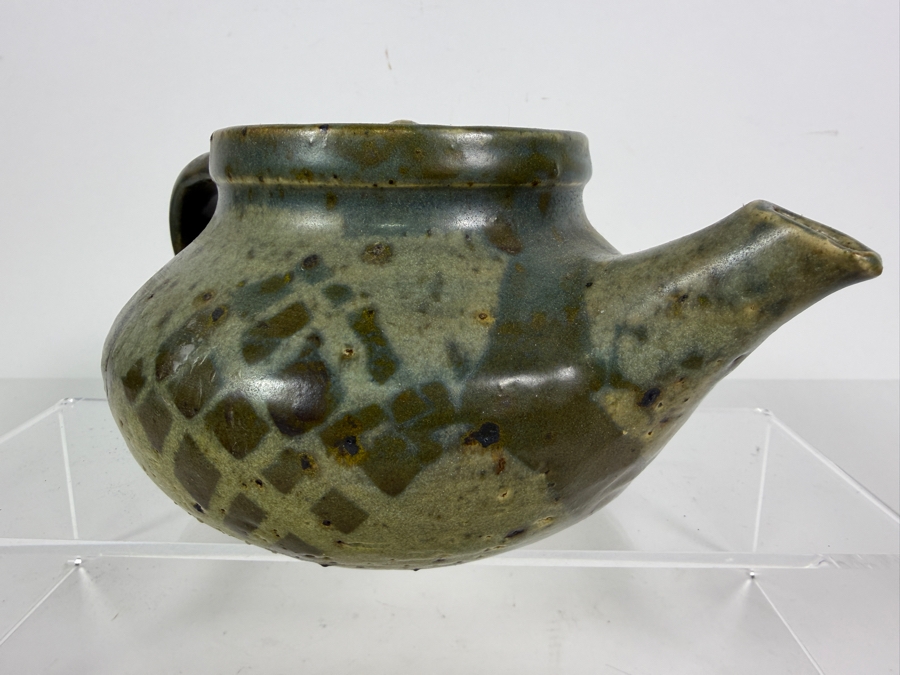 Vintage Mid Century Modern Studio Pottery Stoneware Teapot With Speckled Olive Green Ash Glaze 9'W X 4.25'H [Photo 5]