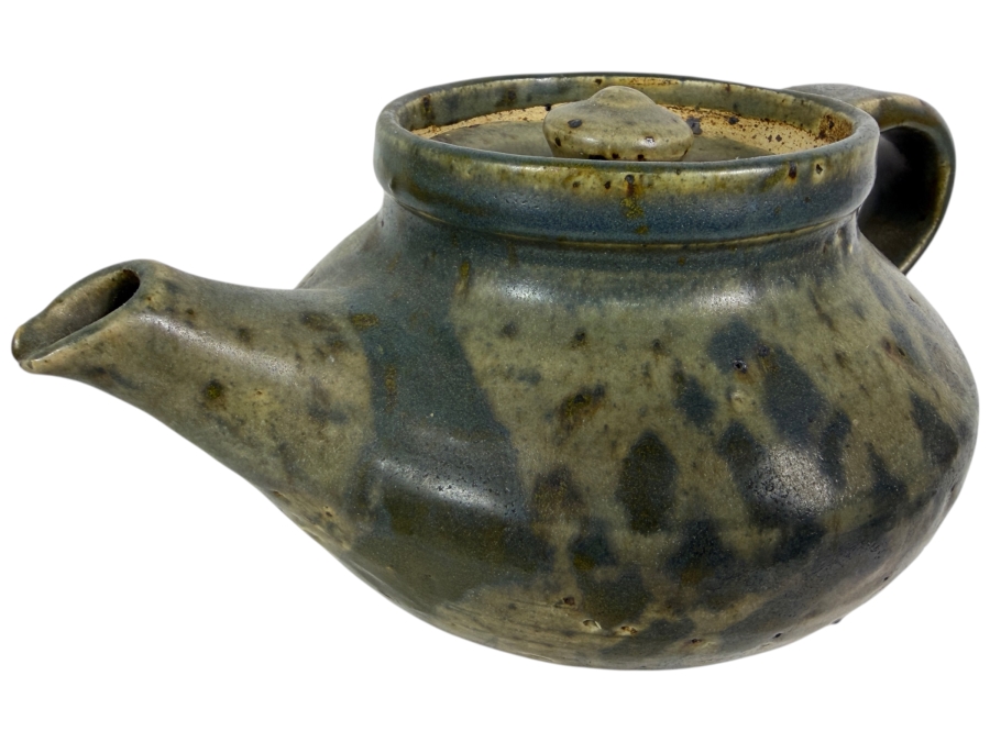 Vintage Mid Century Modern Studio Pottery Stoneware Teapot With Speckled Olive Green Ash Glaze 9'W X 4.25'H