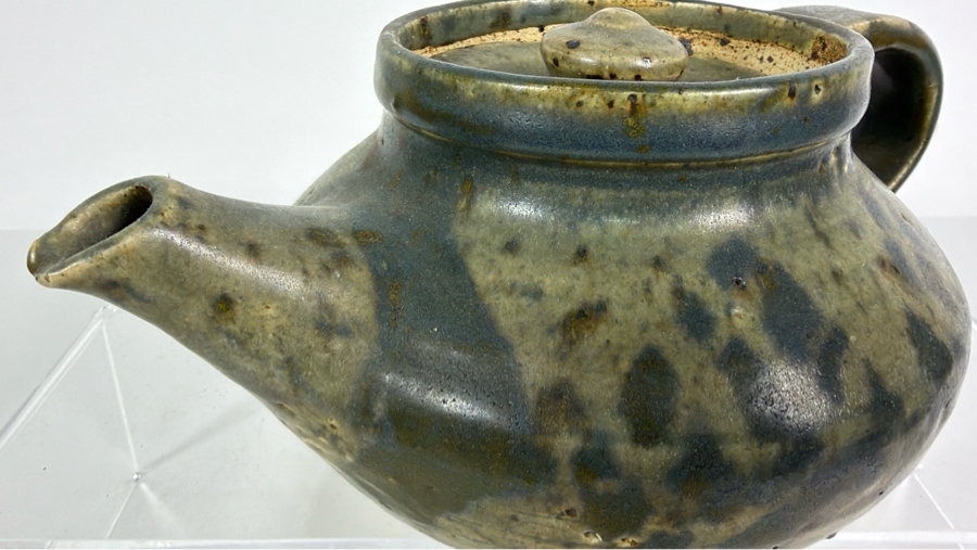 Vintage Mid Century Modern Studio Pottery Stoneware Teapot With Speckled Olive Green Ash Glaze 9'W X 4.25'H [Photo 4]
