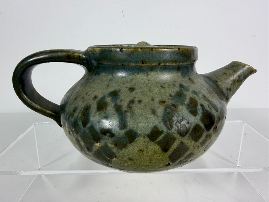 Vintage Mid Century Modern Studio Pottery Stoneware Teapot With Speckled Olive Green Ash Glaze 9'W X 4.25'H [Photo 6]