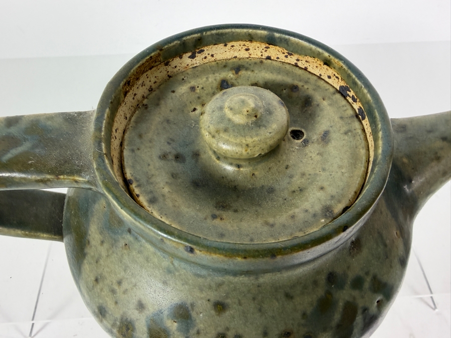 Vintage Mid Century Modern Studio Pottery Stoneware Teapot With Speckled Olive Green Ash Glaze 9'W X 4.25'H [Photo 7]