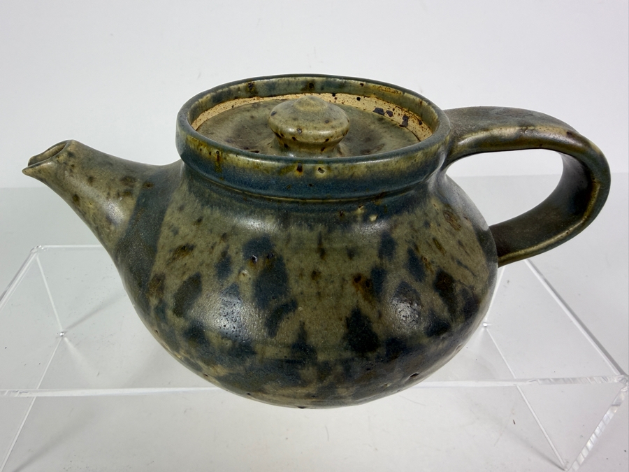 Vintage Mid Century Modern Studio Pottery Stoneware Teapot With Speckled Olive Green Ash Glaze 9'W X 4.25'H [Photo 3]