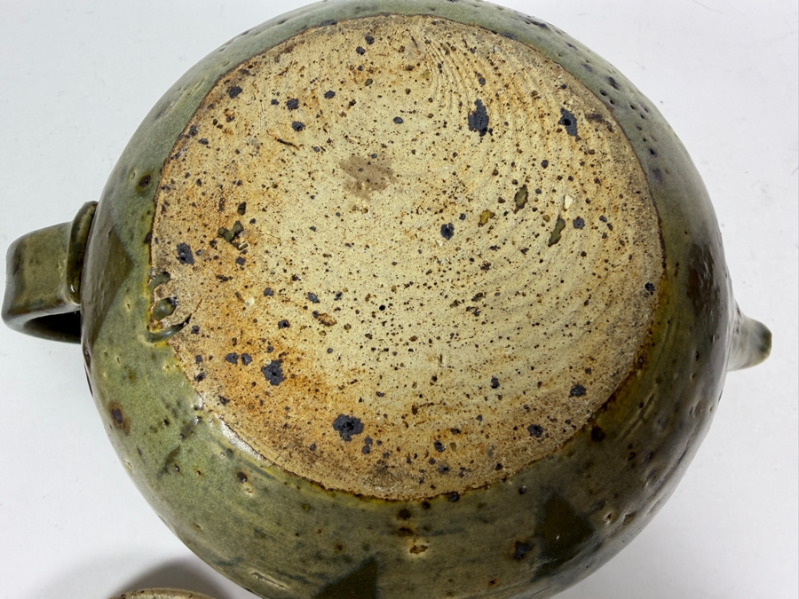 Vintage Mid Century Modern Studio Pottery Stoneware Teapot With Speckled Olive Green Ash Glaze 9'W X 4.25'H [Photo 9]