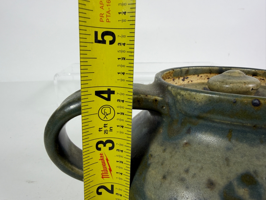 Vintage Mid Century Modern Studio Pottery Stoneware Teapot With Speckled Olive Green Ash Glaze 9'W X 4.25'H [Photo 11]