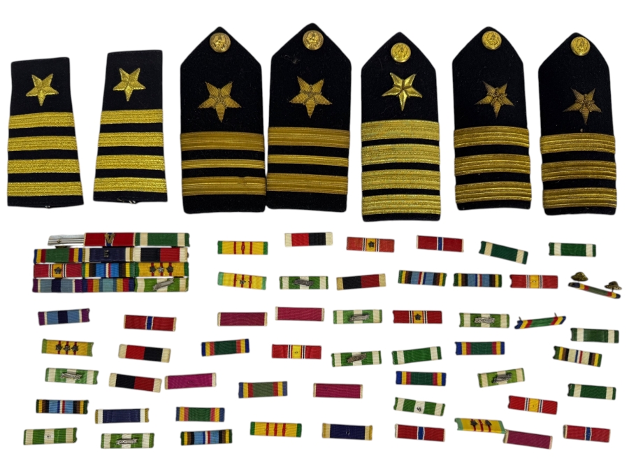 Large Collection Of Vintage US Navy Captain Shoulder Boards And Assorted Uniform Ribbon Bars