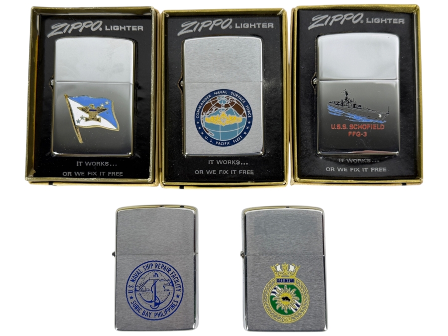 Collection Of Five Vintage US Navy And Royal Canadian Navy Military Commemorative Zippo Lighters