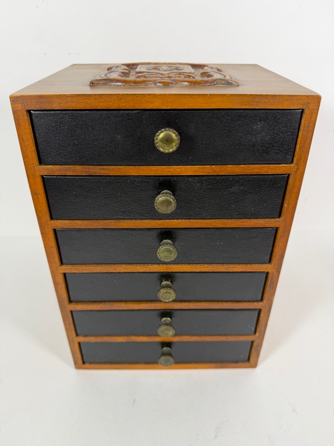 Vintage Carved Walnut Six Drawer Collector Chest Filled With Military Insignia And Pins with Some Gold-Filled Pins - See Photos 8'W 6.75'D X 7'H [Photo 2]