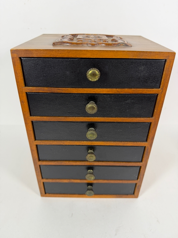 Vintage Carved Walnut Six Drawer Collector Chest Filled With Military Insignia And Pins with Some Gold-Filled Pins - See Photos 8'W 6.75'D X 7'H [Photo 3]