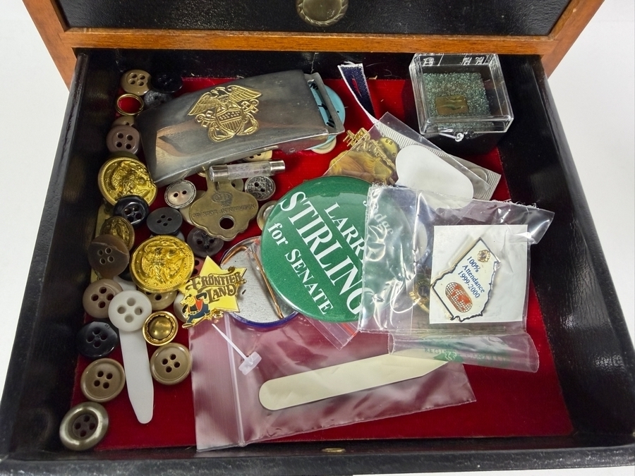 Vintage Carved Walnut Six Drawer Collector Chest Filled With Military Insignia And Pins with Some Gold-Filled Pins - See Photos 8'W 6.75'D X 7'H [Photo 8]
