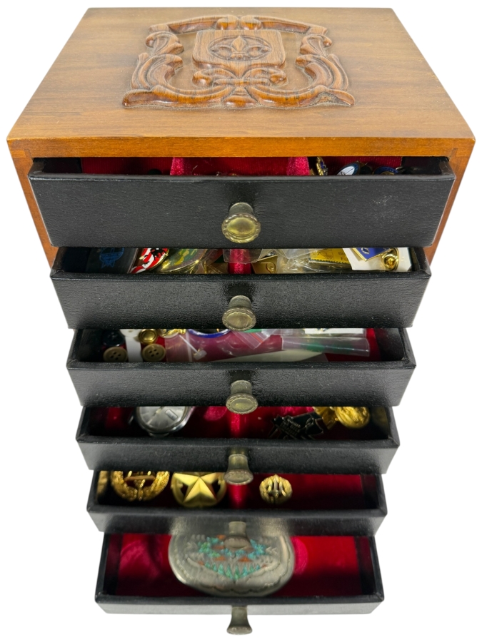 Vintage Carved Walnut Six Drawer Collector Chest Filled With Military Insignia And Pins with Some Gold-Filled Pins - See Photos 8'W 6.75'D X 7'H