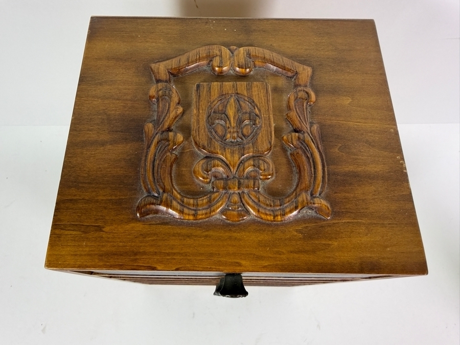 Vintage Carved Walnut Six Drawer Collector Chest Filled With Military Insignia And Pins with Some Gold-Filled Pins - See Photos 8'W 6.75'D X 7'H [Photo 4]