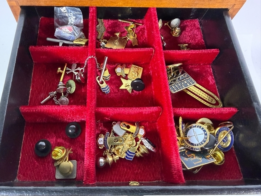 Vintage Carved Walnut Six Drawer Collector Chest Filled With Military Insignia And Pins with Some Gold-Filled Pins - See Photos 8'W 6.75'D X 7'H [Photo 10]