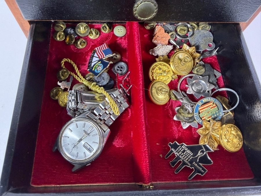 Vintage Carved Walnut Six Drawer Collector Chest Filled With Military Insignia And Pins with Some Gold-Filled Pins - See Photos 8'W 6.75'D X 7'H [Photo 7]