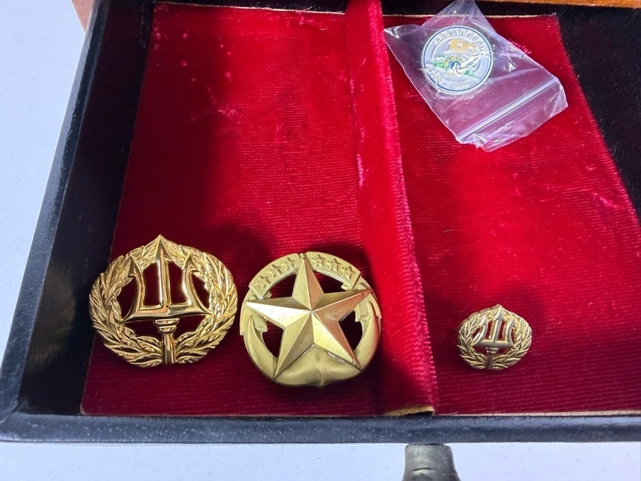 Vintage Carved Walnut Six Drawer Collector Chest Filled With Military Insignia And Pins with Some Gold-Filled Pins - See Photos 8'W 6.75'D X 7'H [Photo 6]
