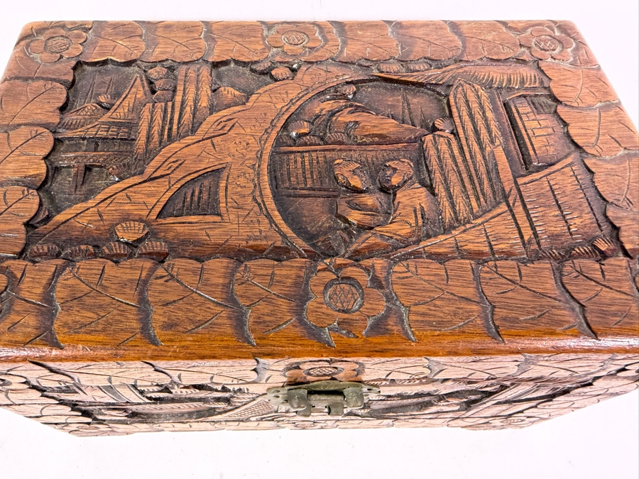 Vintage Chinese Hand Carved Camphor Wood Storage Chest Box With Figural Landscape Relief Panels And Brass Clasp 12'W X 7.5'D X 7'H [Photo 3]