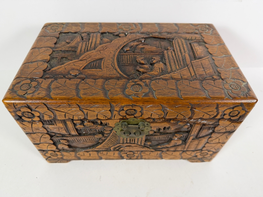 Vintage Chinese Hand Carved Camphor Wood Storage Chest Box With Figural Landscape Relief Panels And Brass Clasp 12'W X 7.5'D X 7'H [Photo 2]