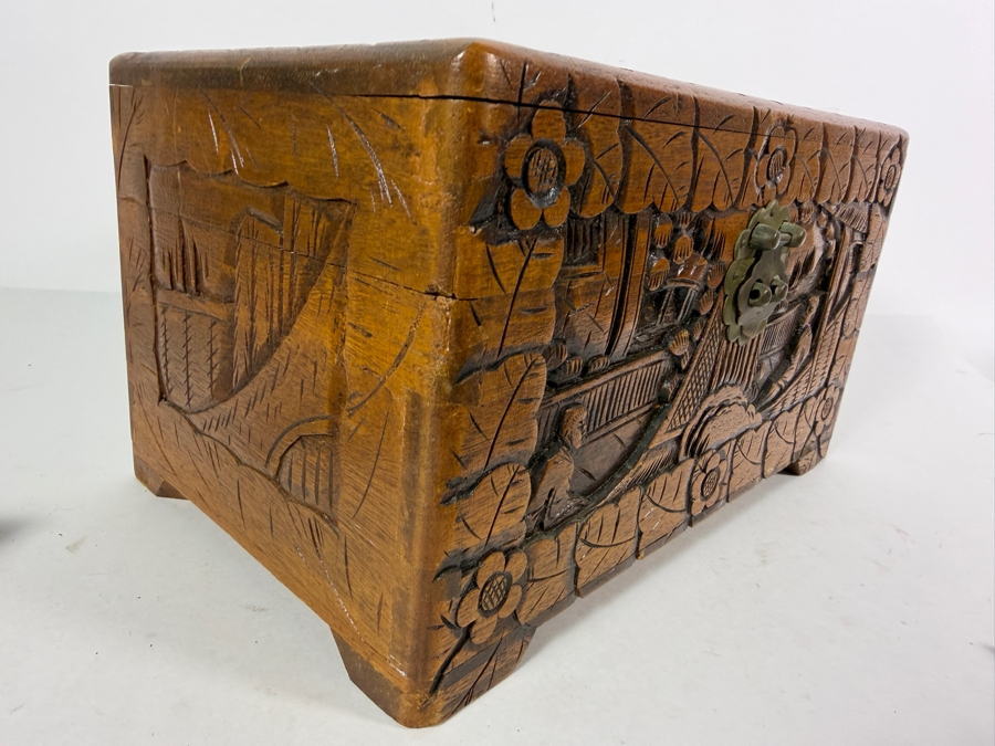 Vintage Chinese Hand Carved Camphor Wood Storage Chest Box With Figural Landscape Relief Panels And Brass Clasp 12'W X 7.5'D X 7'H [Photo 4]