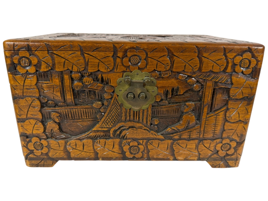 Vintage Chinese Hand Carved Camphor Wood Storage Chest Box With Figural Landscape Relief Panels And Brass Clasp 12'W X 7.5'D X 7'H