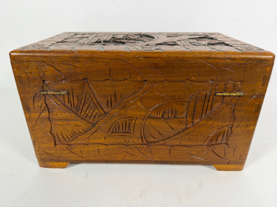 Vintage Chinese Hand Carved Camphor Wood Storage Chest Box With Figural Landscape Relief Panels And Brass Clasp 12'W X 7.5'D X 7'H [Photo 5]
