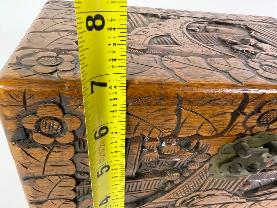 Vintage Chinese Hand Carved Camphor Wood Storage Chest Box With Figural Landscape Relief Panels And Brass Clasp 12'W X 7.5'D X 7'H [Photo 9]