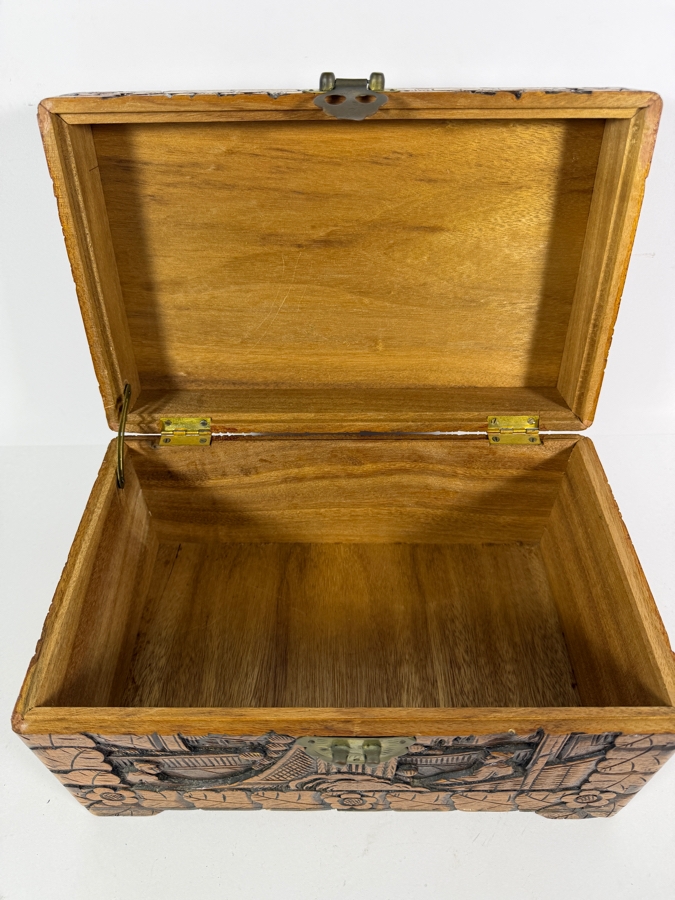 Vintage Chinese Hand Carved Camphor Wood Storage Chest Box With Figural Landscape Relief Panels And Brass Clasp 12'W X 7.5'D X 7'H [Photo 6]