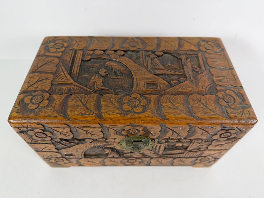 Vintage Chinese Hand Carved Camphor Wood Storage Chest Box With Figural Landscape Relief Panels And Brass Clasp 10'W X 6'D X 5.5'H [Photo 3]
