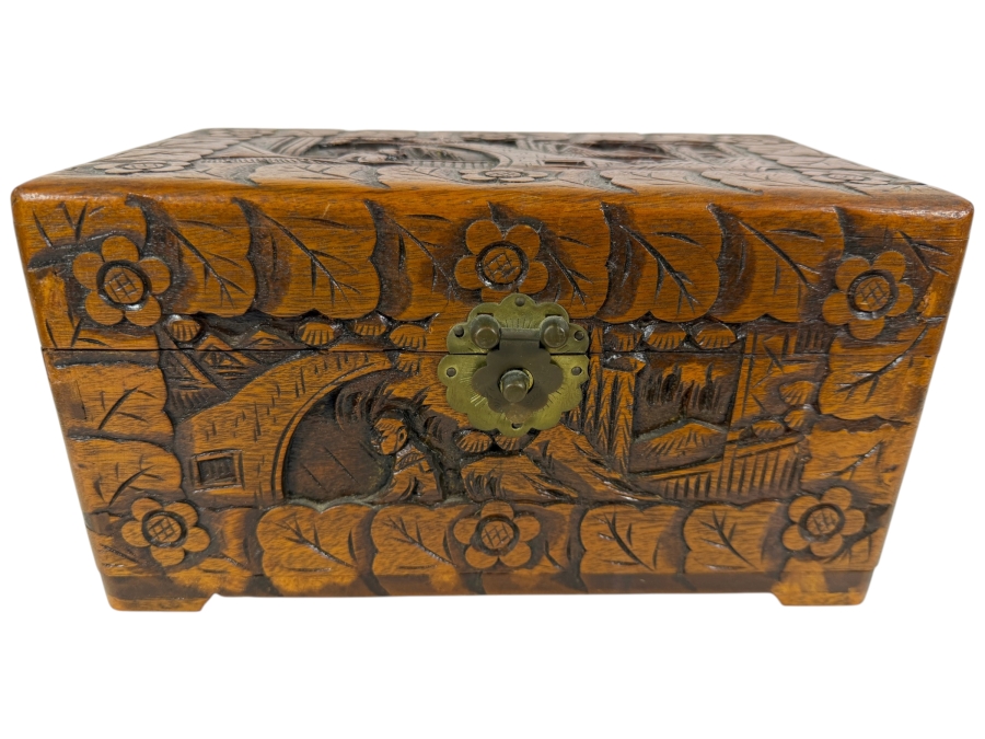 Vintage Chinese Hand Carved Camphor Wood Storage Chest Box With Figural Landscape Relief Panels And Brass Clasp 10'W X 6'D X 5.5'H