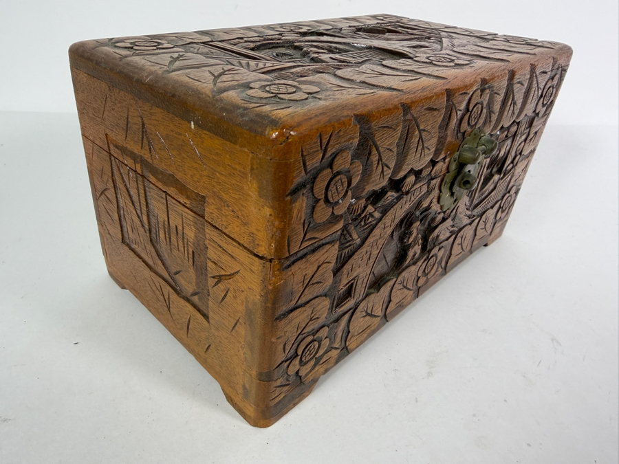 Vintage Chinese Hand Carved Camphor Wood Storage Chest Box With Figural Landscape Relief Panels And Brass Clasp 10'W X 6'D X 5.5'H [Photo 5]