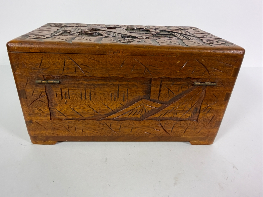 Vintage Chinese Hand Carved Camphor Wood Storage Chest Box With Figural Landscape Relief Panels And Brass Clasp 10'W X 6'D X 5.5'H [Photo 6]