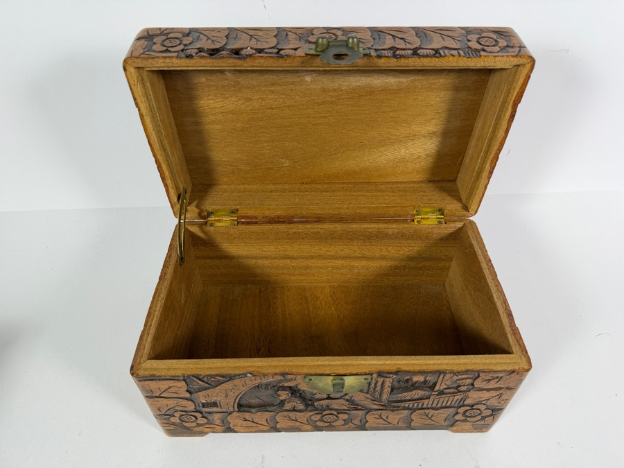 Vintage Chinese Hand Carved Camphor Wood Storage Chest Box With Figural Landscape Relief Panels And Brass Clasp 10'W X 6'D X 5.5'H [Photo 7]