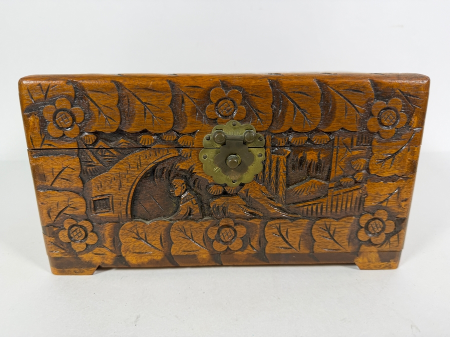 Vintage Chinese Hand Carved Camphor Wood Storage Chest Box With Figural Landscape Relief Panels And Brass Clasp 10'W X 6'D X 5.5'H [Photo 2]