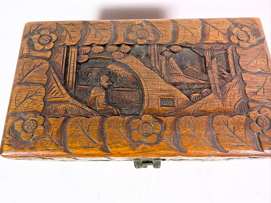 Vintage Chinese Hand Carved Camphor Wood Storage Chest Box With Figural Landscape Relief Panels And Brass Clasp 10'W X 6'D X 5.5'H [Photo 4]