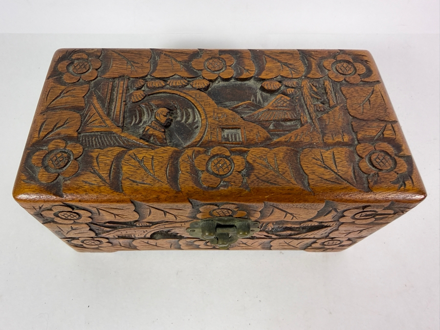 Vintage Chinese Hand Carved Camphor Wood Storage Chest Box With Figural Landscape Relief Panels And Brass Clasp 8'W X 4.24'D X 4'H [Photo 2]