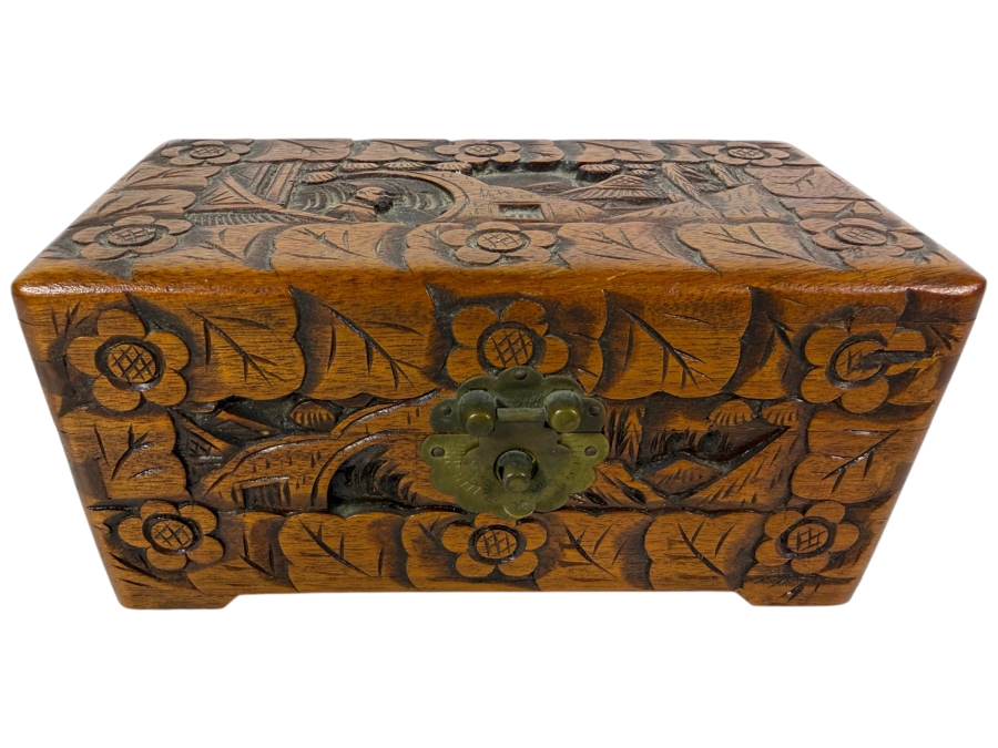 Vintage Chinese Hand Carved Camphor Wood Storage Chest Box With Figural Landscape Relief Panels And Brass Clasp 8'W X 4.24'D X 4'H