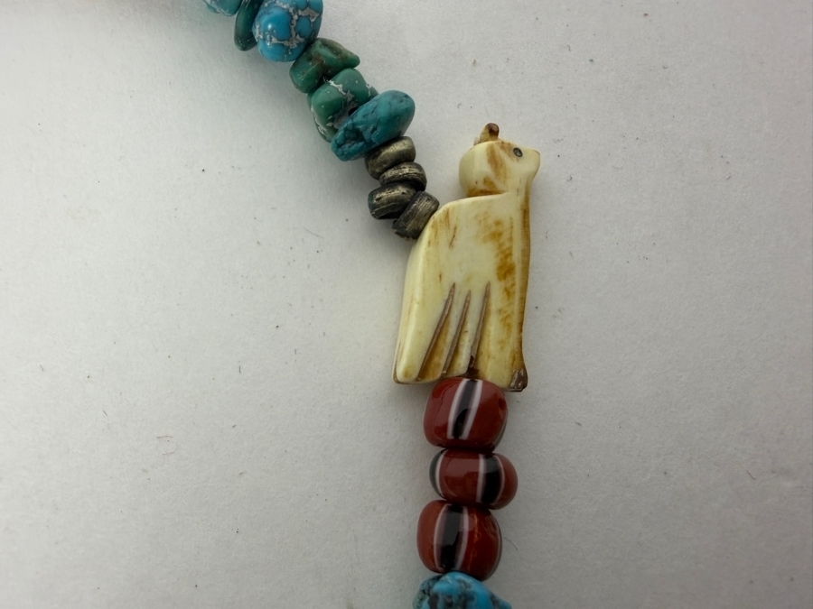 Vintage Southwestern Native American Style Multi Gemstone Fetish Necklace With Sterling Silver Buffalo Skull Pendant 29'L [Photo 5]