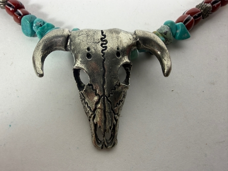 Vintage Southwestern Native American Style Multi Gemstone Fetish Necklace With Sterling Silver Buffalo Skull Pendant 29'L [Photo 2]