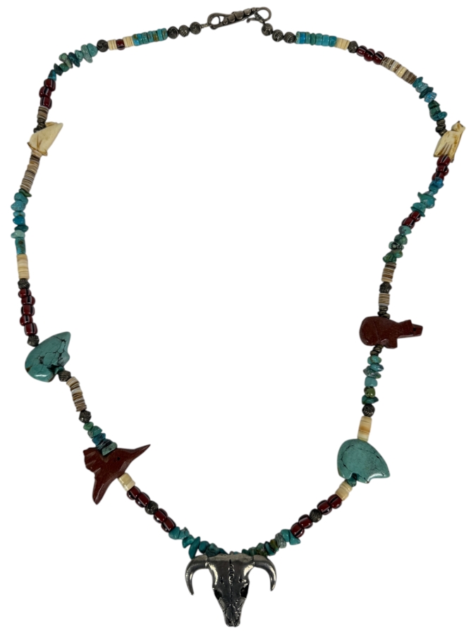 Vintage Southwestern Native American Style Multi Gemstone Fetish Necklace With Sterling Silver Buffalo Skull Pendant 29'L