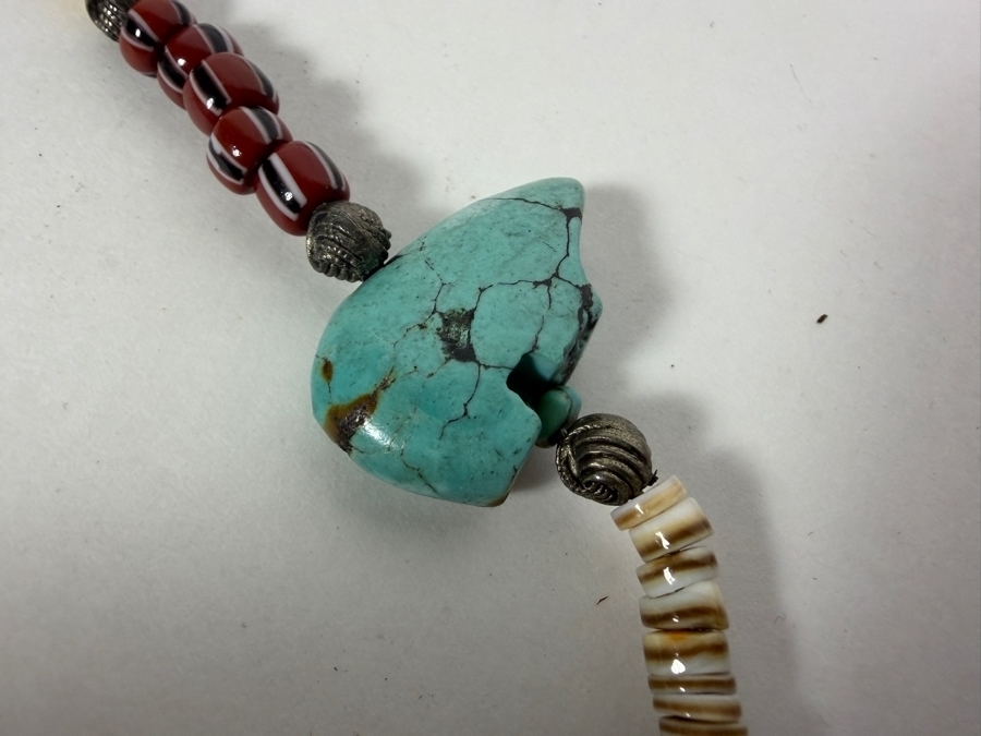 Vintage Southwestern Native American Style Multi Gemstone Fetish Necklace With Sterling Silver Buffalo Skull Pendant 29'L [Photo 9]