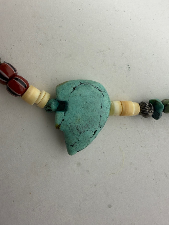 Vintage Southwestern Native American Style Multi Gemstone Fetish Necklace With Sterling Silver Buffalo Skull Pendant 29'L [Photo 3]